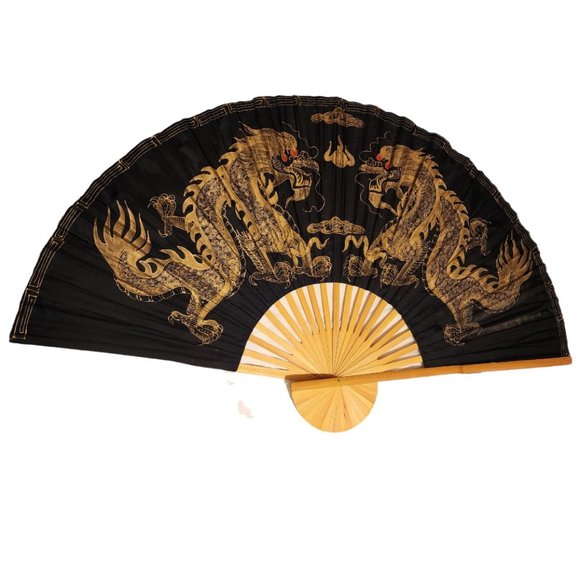 Vtg Mid Century Hand Painted Large Wall Hanging Black Double Gold Dragons Fan 60